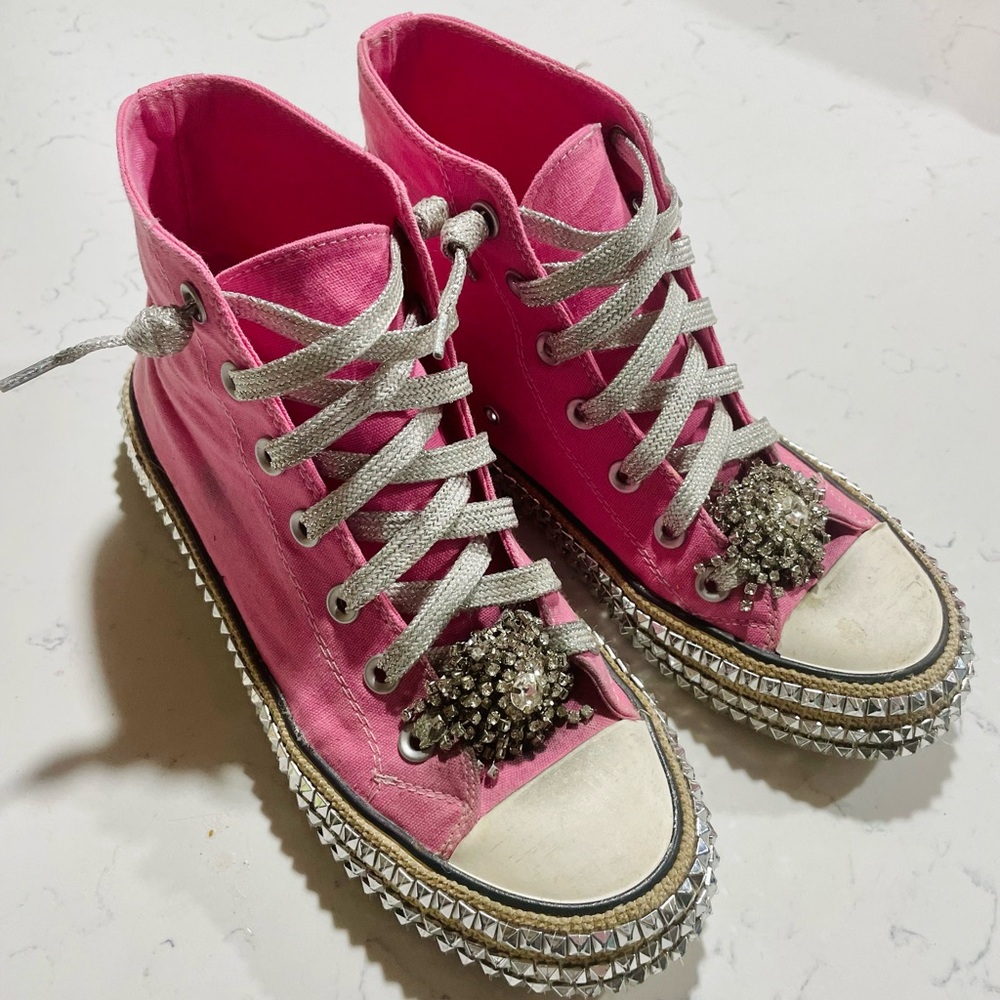 Pink High top converse look alike studded diamond broach shoes